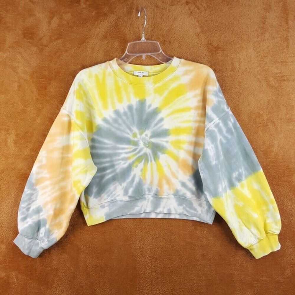 AGOLDE Womens Sweatshirt XS Yellow Pullover Crew Balloon Sleeve Tie Dye Cotton